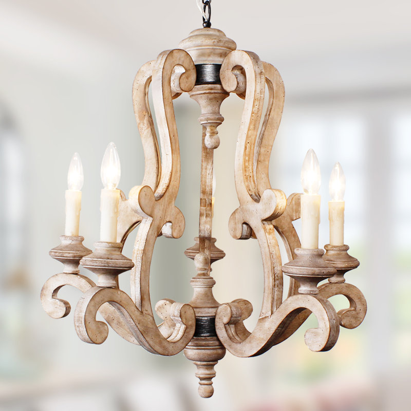 Lustre 5 lumières style bougie Farmhouse, Bois patiné