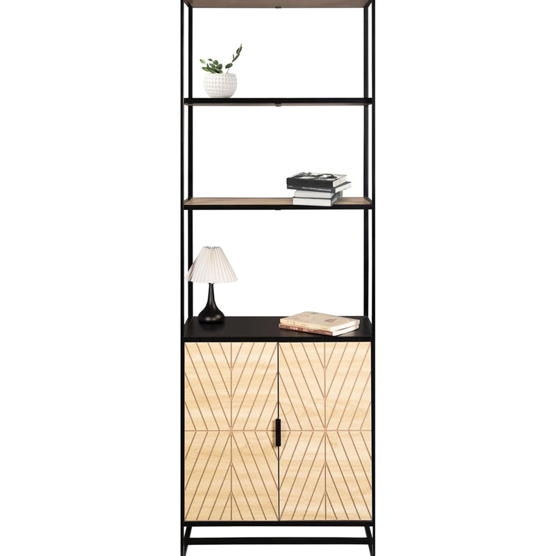 Coastal Modern 6 Book Shelf With Storage Capacity, Black Frame Natural Wood, Ideal For Living Room Setup, 24"L Shelf, Construction Ample Storage, Home Office