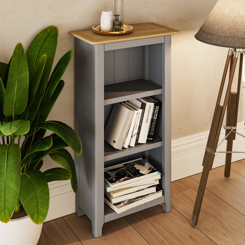 Daris 3 Tier Low Bookcase Shelving Unit. Solid Oak Top. Fully Assembled, Grey