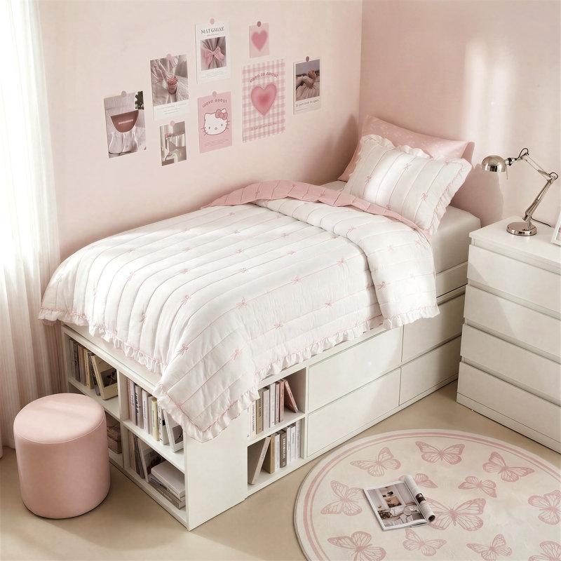 Ensemble de courtepointe réversible Liv, Courtepointe simple, Blanc / Rose