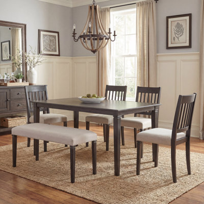 Classic Country 6 Piece Dining Room Set, Rectangular Gray Oak Table with 4 Chairs and Bench