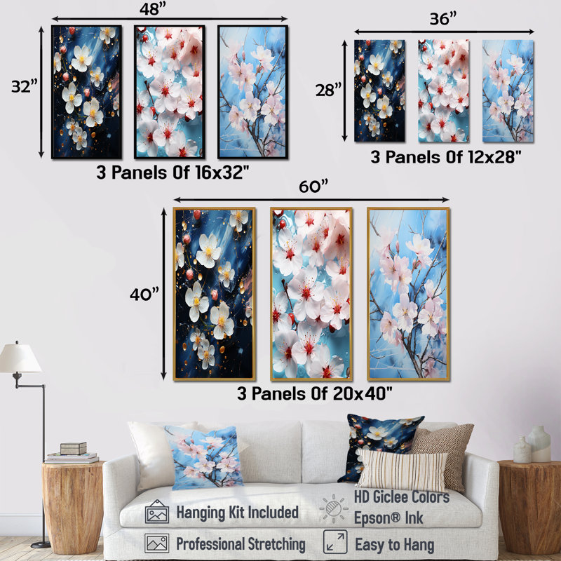 Fleurs de cerisier blanc et bleu Flow I - Ensemble de 3 impressions sur toile de cerisier en fleurs, Cadre flottant doré