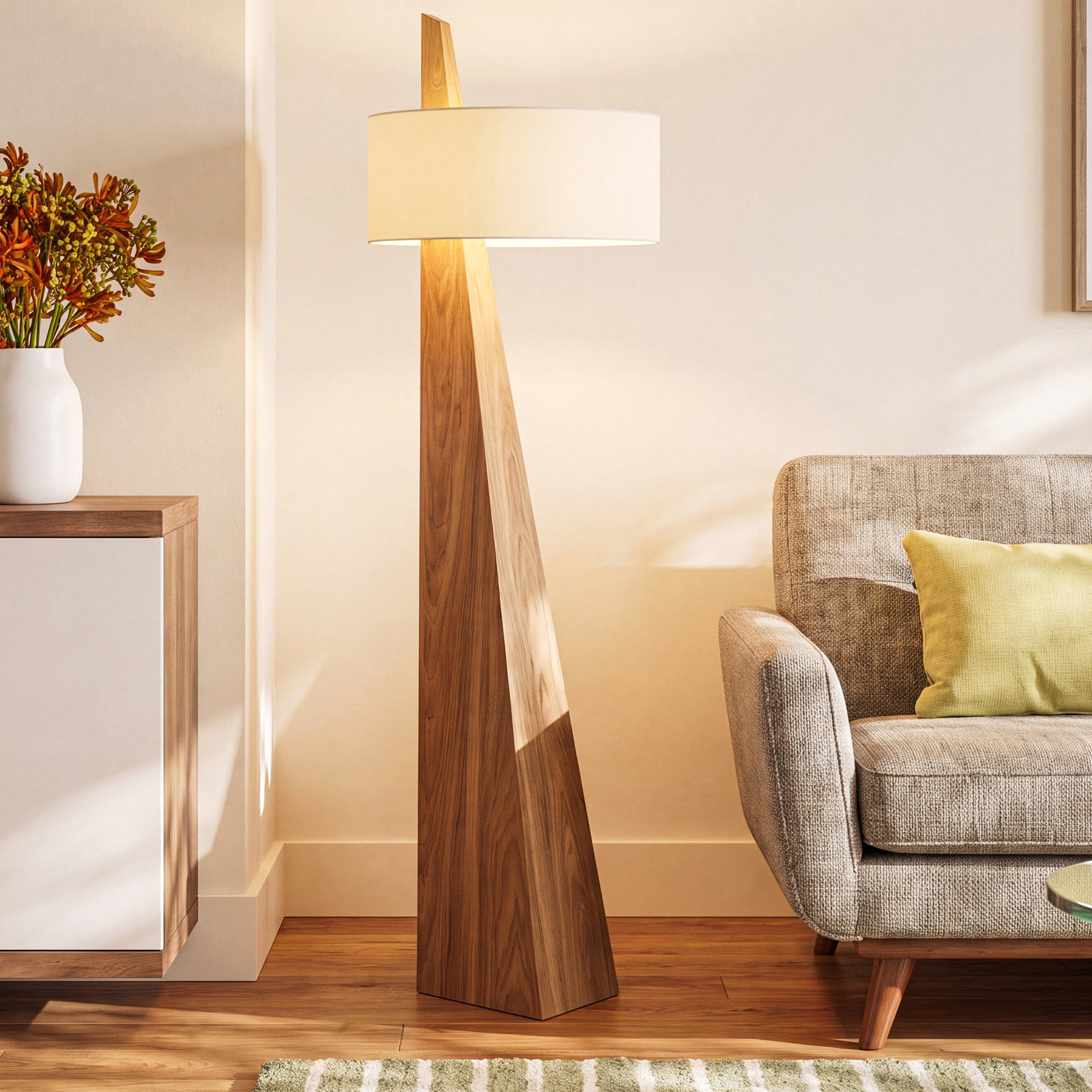 Obelisk Floor Lamp - 63", Chestnut Wood, White Cotton-Linen Shade, Natural Ash