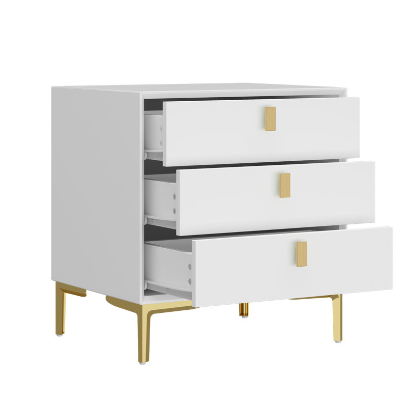 Table de chevet blanche avec pieds et poignées en métal doré - 3 tiroirs, design minimaliste moderne