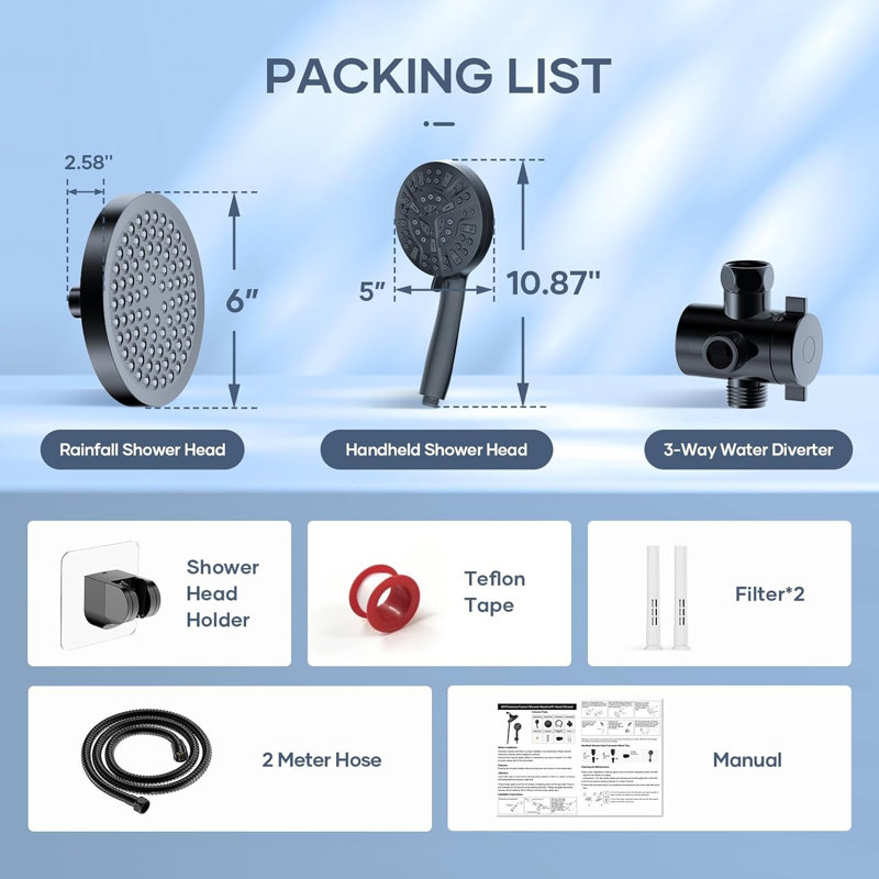 High-Pressure 10-Mode Rainfall Shower Head Combo with Handheld & 78" Hose, Black