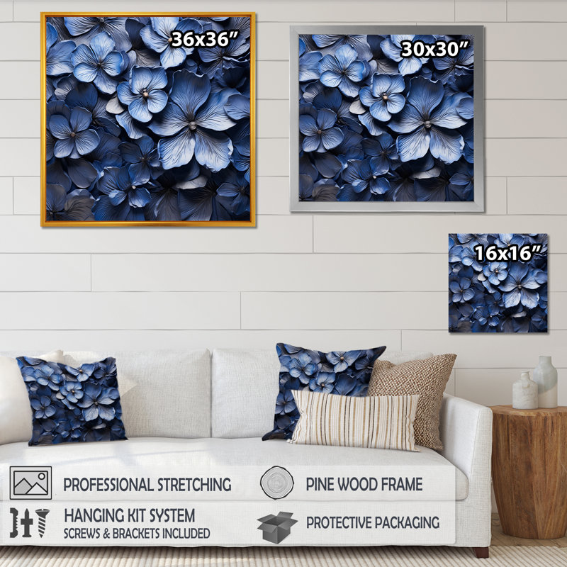 Beauté ornée bleue sur toile, Cadre naturel flottant, 16" H x 16" W