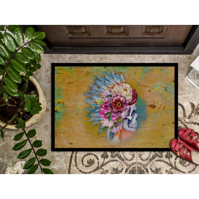 Tapis de porte d’extérieur anti-dérapant pour le crâne des fleurs, Jaune / Bleu, 36 po