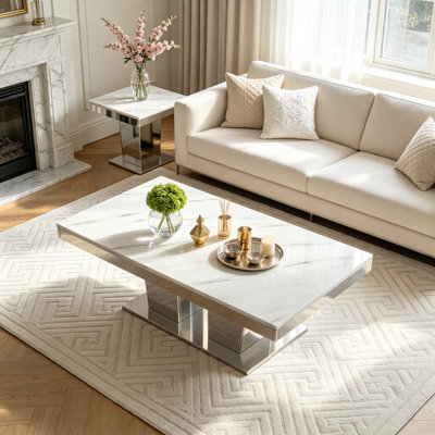 Ensemble de 2 tables basses rectangulaires imitation marbre de 120 cm avec piètement miroir, plateau luxueux à motif marbre, piétement colonne miroir, résistant aux taches, style minimaliste moderne.