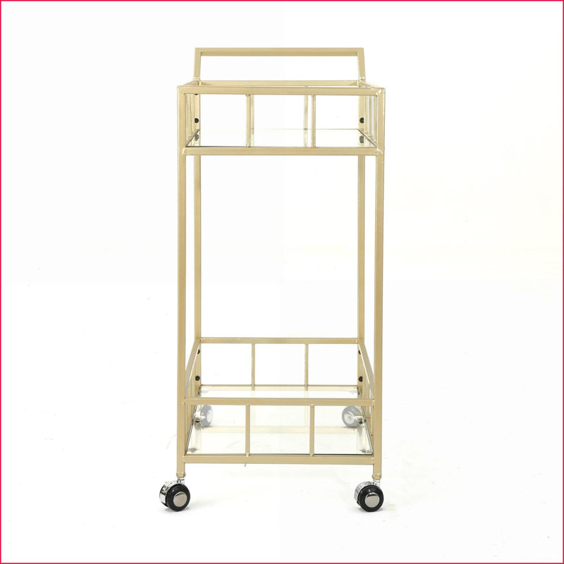 Chariot-bar moderne avec roulettes, tablettes en verre trempé | Verre et métal | Argent brossé