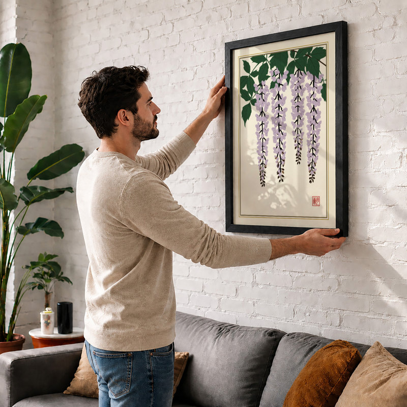 Cascading Wisteria Japandi - Framed Print, Black, A4 - 29.7 x 21.0 cm
