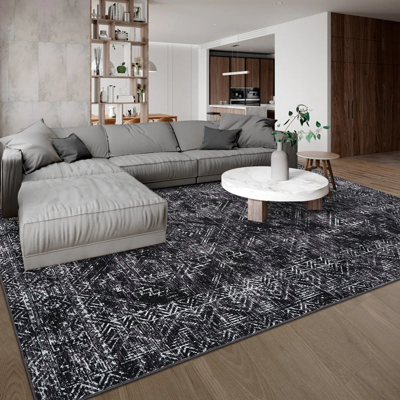 Tapis rétro vintage pour salon et salle à manger, Black, Rectangle 10 pi x 13 pi