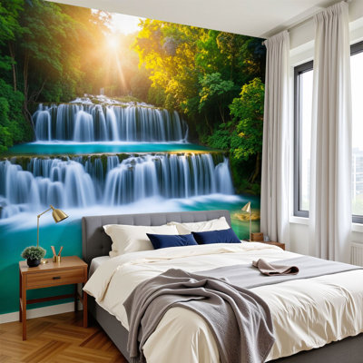 Papier peint adhésif pelez et collez, cascade d'eau, cascade de ruisseaux, décorations estivales, papier peint amovible en PVC, H 100 po x l 144 po, pour mur, chambre, bureau à domicile