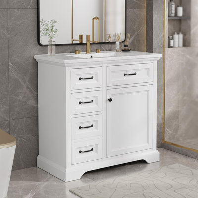 Meuble-lavabo autoportant avec poignées en métal, 36 tiroirs 36 po avec comptoir en céramique, 4 tiroirs et 1 porte à fermeture en douceur, pré-percé pour robinet de 8 po