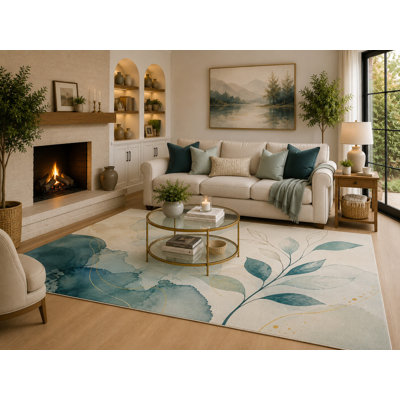 "Ultra Light Weight" Large 6'7" x 9'10" Teal Blue, Aqua and Cream Botanical Watercolor Area Rug for Living Room, Soft Low Pile Carpet with Non-Slip Backing for Bedroom, Dining Room and Home Office