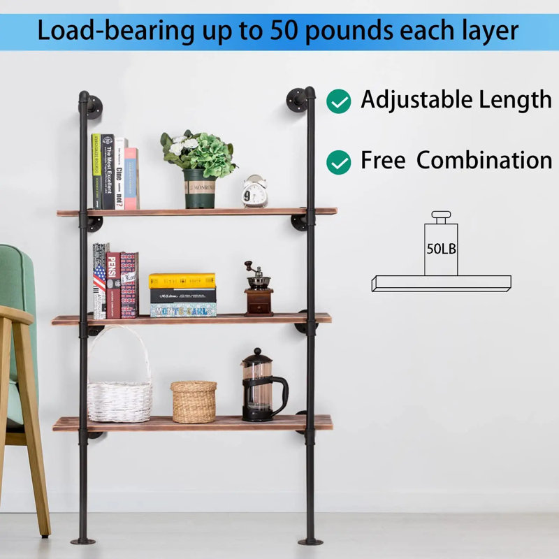 4 Tier Farmhouse D.I.Y Iron Pipe Shelf Wall Mount Open Bookshelf (Wooden board not included), 4 Tier