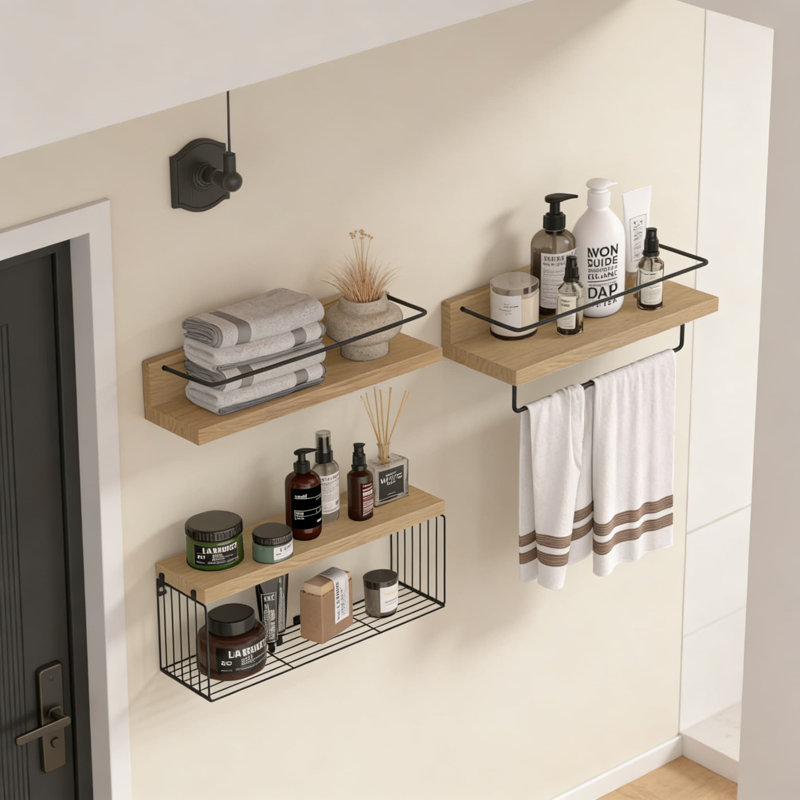 Ensemble de tablettes murales flottantes avec panier de rangement et porte-serviettes, tablettes multifonctionnelles pour la salle de bain, la cuisine, le salon, la chambre à coucher et la salle de classe