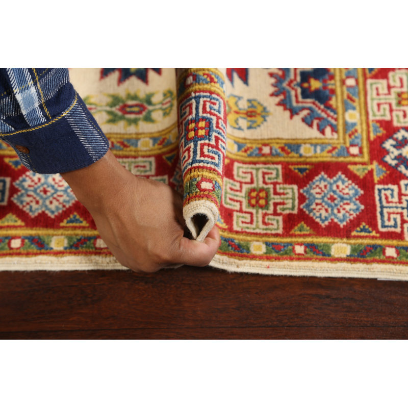 Tapis rouge / beige / bleu en laine noué à la main à motif géométrique 2 pi 7 po x 3 pi 11 po