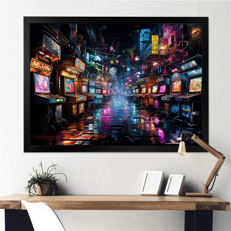 Neon Arcade - jeu vidéo grand art mural, H 16 po x l 32 po x P 1 po, Cadre d'angle fermé noir