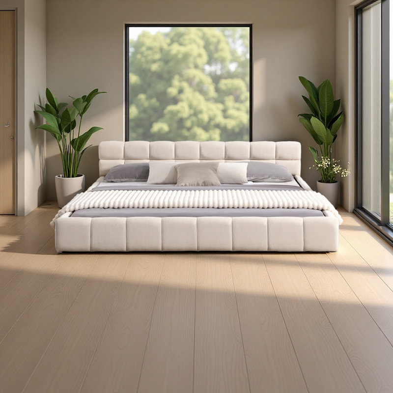 Lit tapissier élégant en chenille beige avec motif damier, Très grand lit