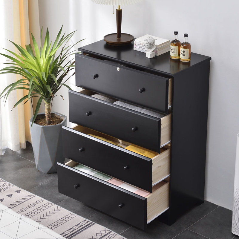 Solid Wood 32.50'' W 4 - Drawer Dresser, Black