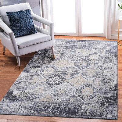 Tapis gris / bleu Stain - sans perte de poils, pour chambre à coucher, salle à manger, cuisine de bureau