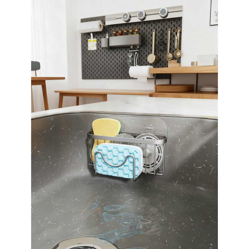 Kitchen Sponge Holder With M-Shaped Design, 2 Installation Methods, Rustproof Stainless Steel Sink Caddy Organizer For Sponge, Brush And Scraper