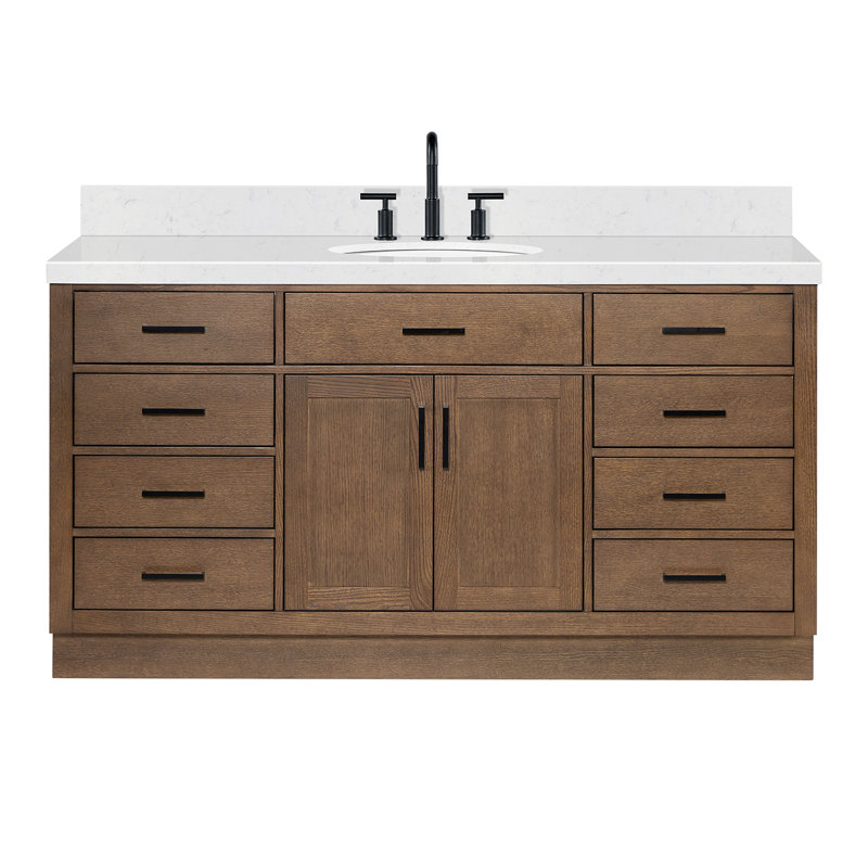 Thornaby 66'' Solid Wood Single Bathroom Vanity with 1.5'' Carrara Quartz Top, Oval, Brown Oak