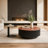 Easy Installation 35.43" Modern Round Fluted Coffee Table Set with 2 Hidden Storage Drawers, Walnut Finish Top & Tempered Glass Side Table for Living Room