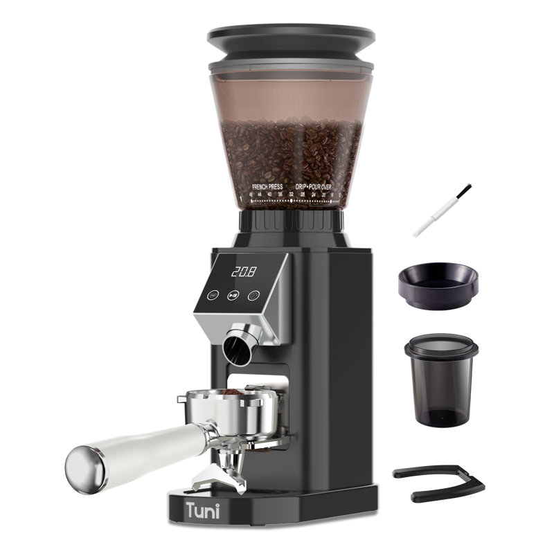 Tuni G1 Conical Burr Coffee Grinder, 48 Grind Settings Anti-static Burr Mill, Precision Electronic Timer and LED Touchscreen for Espresso/Drip/Cold Brew/French Press, Stainless Steel, Ivory