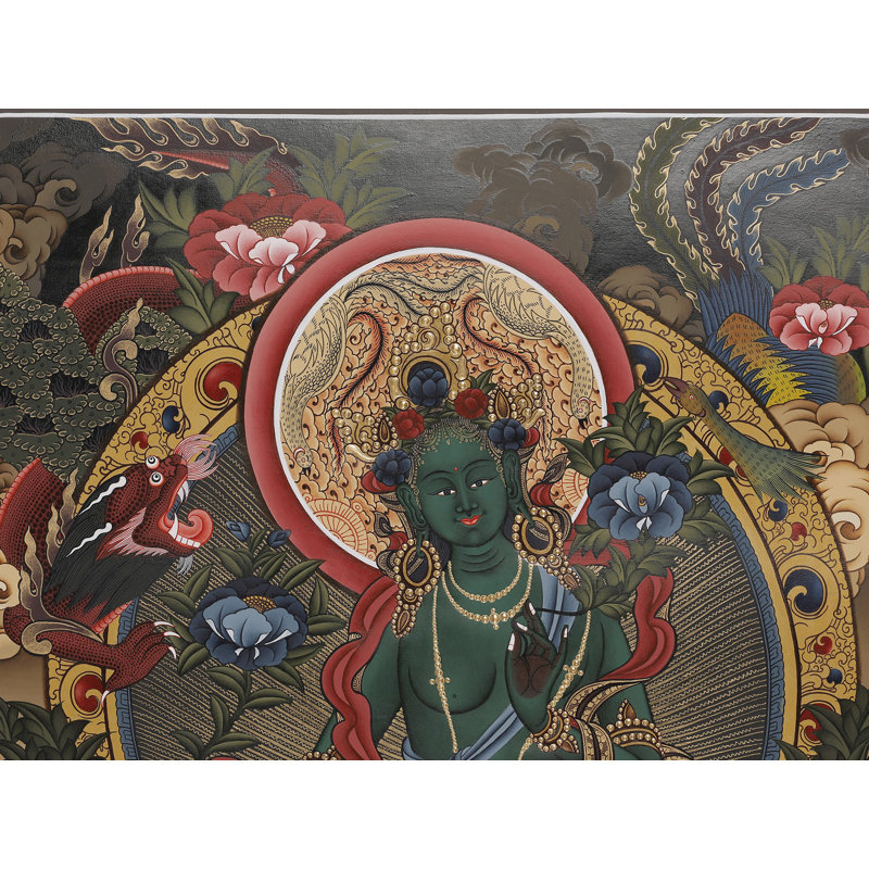 Art mural peint à la main Tara «Swift Compassion» Thangka - H 24 po x l 18 po avec détails or 24 carats