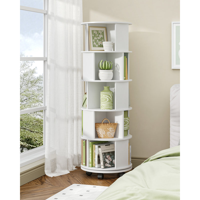 Rotating Bookcase, 360° Rotating Bookshelf with Wheels, 5-tier Storage Shelf, Spinning Bookshelf with Fixed Casters for Living Room, Study, Office, White, 45 x 45 x 161.5 cm 