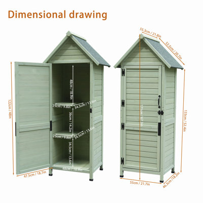 Remise de rangement extérieure en bois, grande armoire à outils de jardin étroite avec porte verrouillable et 2 tablettes, toit en asphalte imperméable, organisateur d'outils vertical pour la terrasse, la cour arrière, la pelouse