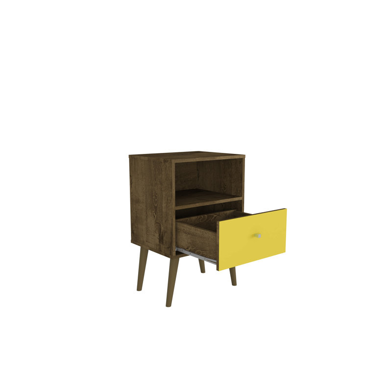 Table de chevet 1 tiroir Mid-Century moderne brun foncé et jaune Liberty, Brun rustique / jaune