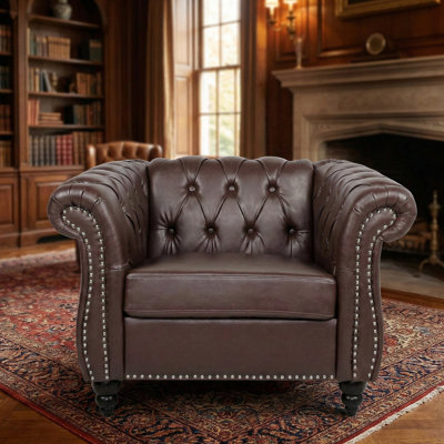 Canapé classique en cuir PU Chesterfield avec dossier capitonné, accoudoirs roulés et garniture cloutée