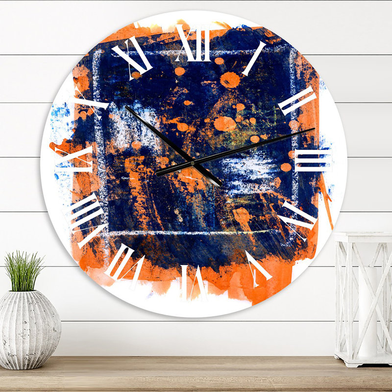 Orange et bleu marine abstrait - horloge murale moderne, Petit