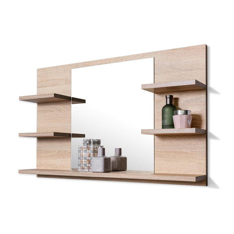Jakiah Rectangle Wall Mirror with Shelves, Brown