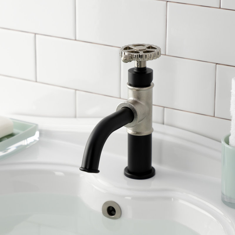 Kingston Brass Fuller Single-Handle 1-Hole Deck Mount Bathroom Faucet with Push Pop-Up, Matte Black/Brushed Nickel