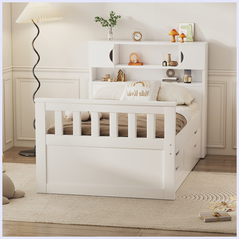 Base de lit plateforme moderne avec bibliothèques de rangement et tablettes, Simple, Blanc