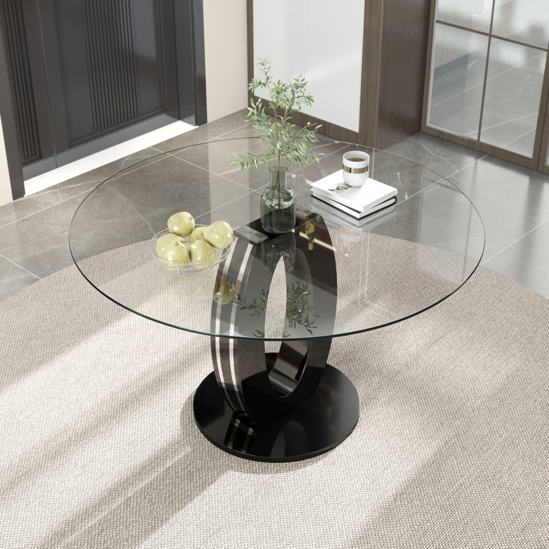 Table de salle à manger de 47,2 po en verre transparent de luxe moderne pour 4 à 6 personnes, table de cuisine moderne avec plateau en verre trempé et pieds en acier inoxydable, table de salle à manger circulaire pour la maison, le salon, l’appartement