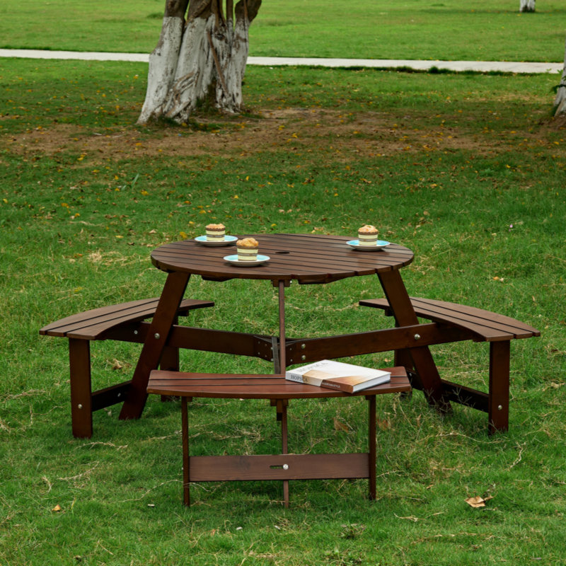 Brown Wooden Outdoor Round Picnic Table with Built-In Benches