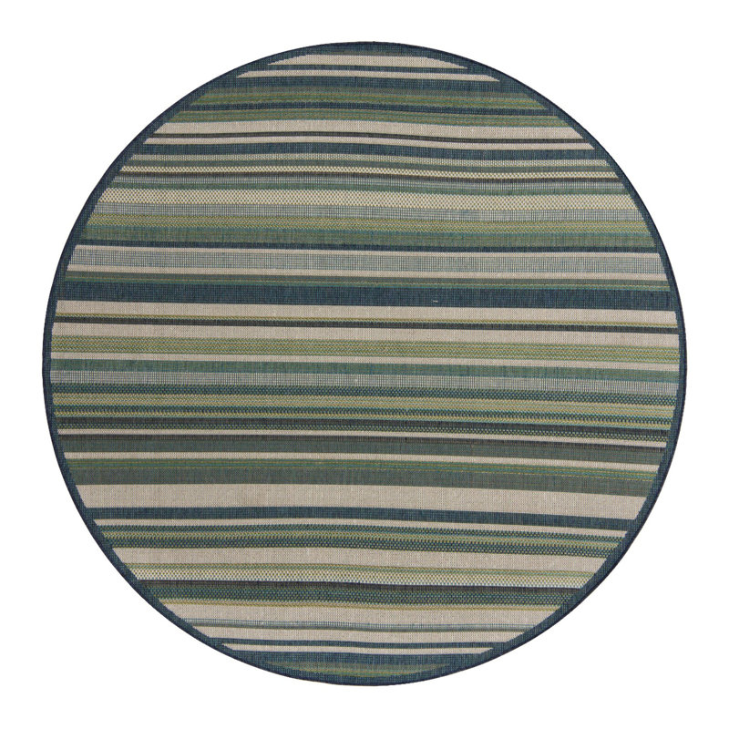 Tapis rayé vert / bleu intérieur / extérieur Tavon, Rond 7 pi 10 po