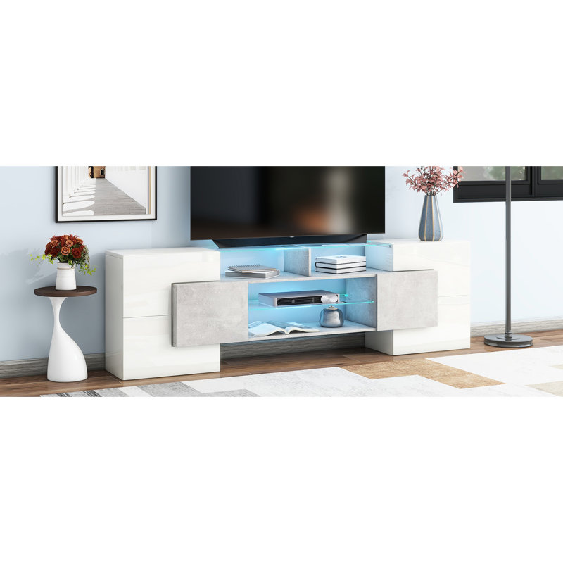 Meuble audio-vidéo polyvalent de couleur grise, 2 tablettes en verre illuminées, 4 armoires de télévision grises avec structure centrale pour le salon
