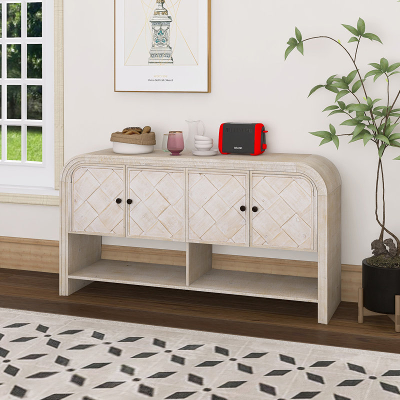 Console polyvalente avec lattes en bois tissé, Beige Brown