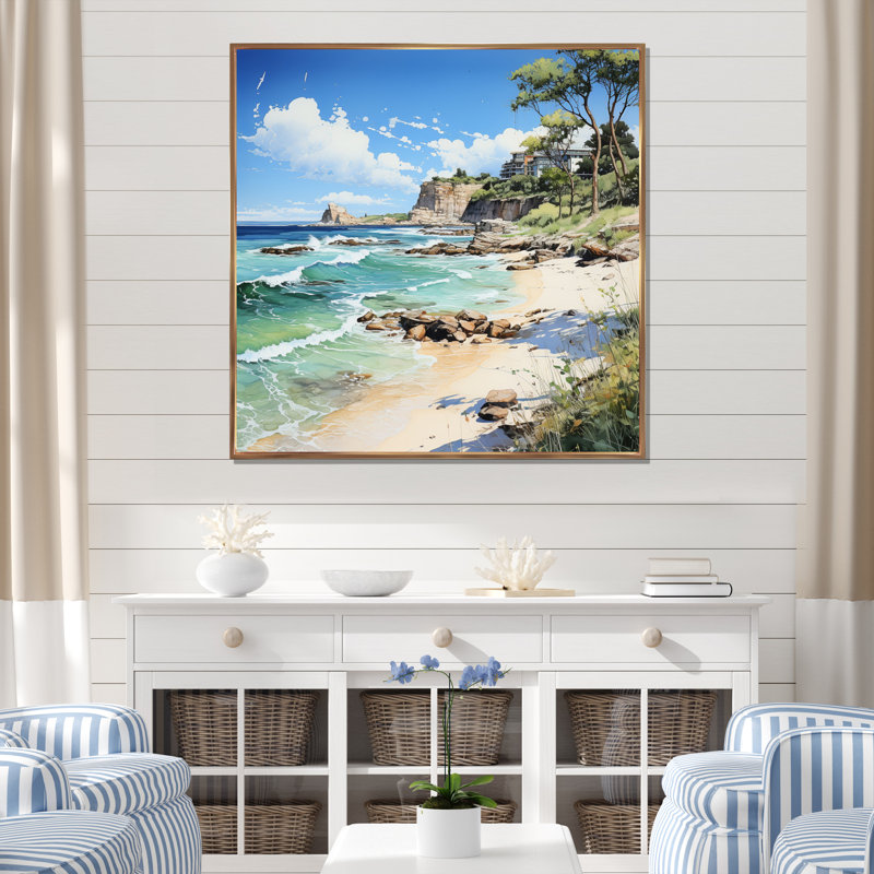 Plage contrastante pointillisme I, H 24 po x l 24 po x P 1 po, Cadre flottant doré