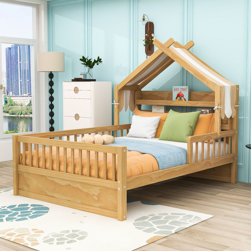 Wooden House Bed with Safety Guardrail, Natural, Full