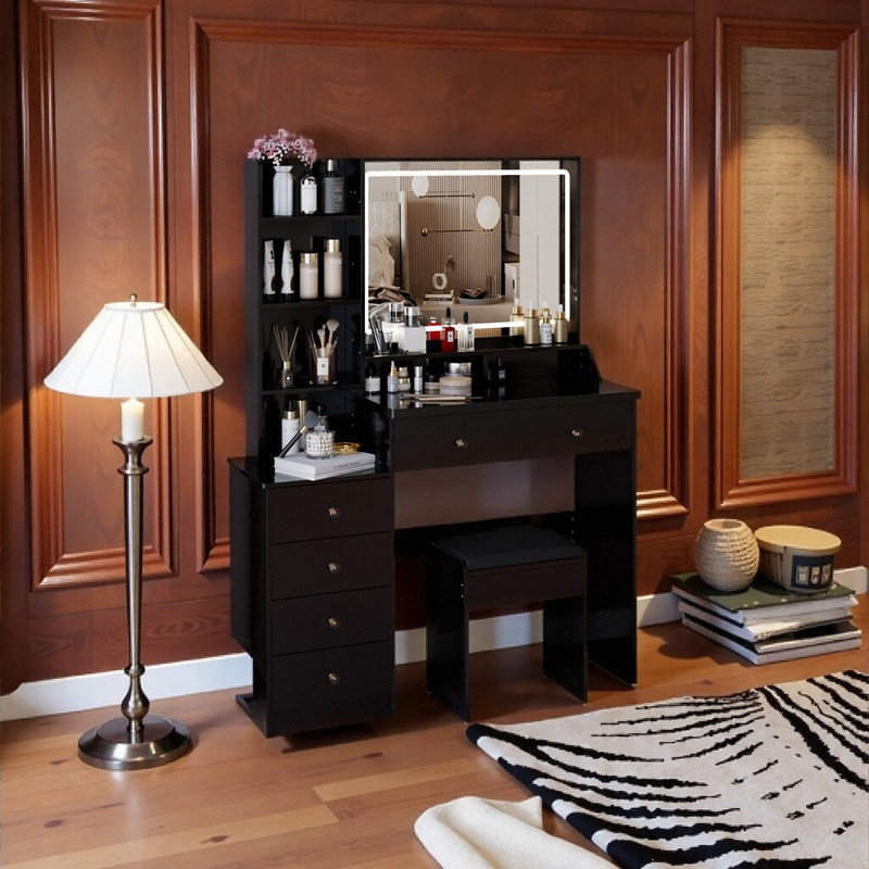 Ensemble de meuble-lavabo 41 po avec miroir à DEL, coiffeuse multi-rangement et tabouret, Noir