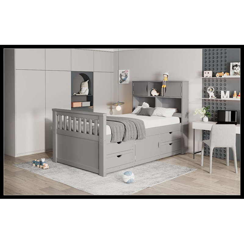 Twin Size Captain Platform Bed Frame With Storage Bookcases And Shelves,Four Drawers,Grey