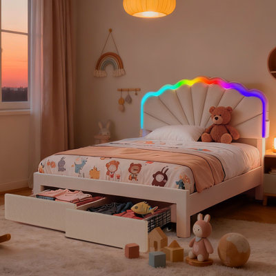 Bioever Queen Size Bed Frame, LED Light Strip, 2 Storage Drawers, Multi-Function Charging Station, Beige, Noise-Free, Teddy Velvet.