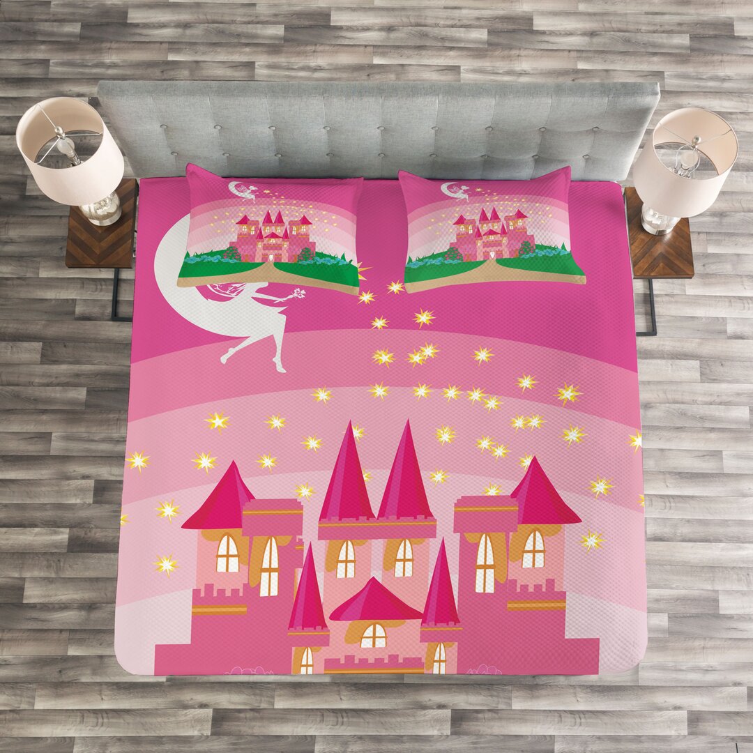 Gestepptes Bettdecken-Set, Märchen-Schloss-Prinzessin, Zauber, Grün Rosa