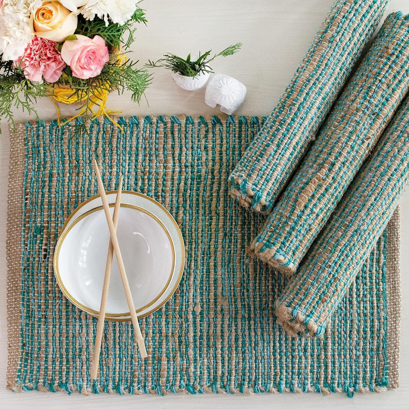 Napperon en jute naturel et turquoise turquoise, ensemble de 4 - Napperons rustiques faits à la main Boho